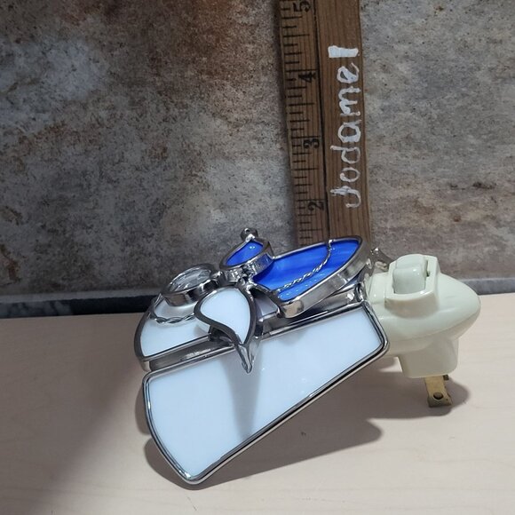 Stained Glass Angel Plug In Nightlight Blue White Silver Plate Finish - Picture 7 of 14